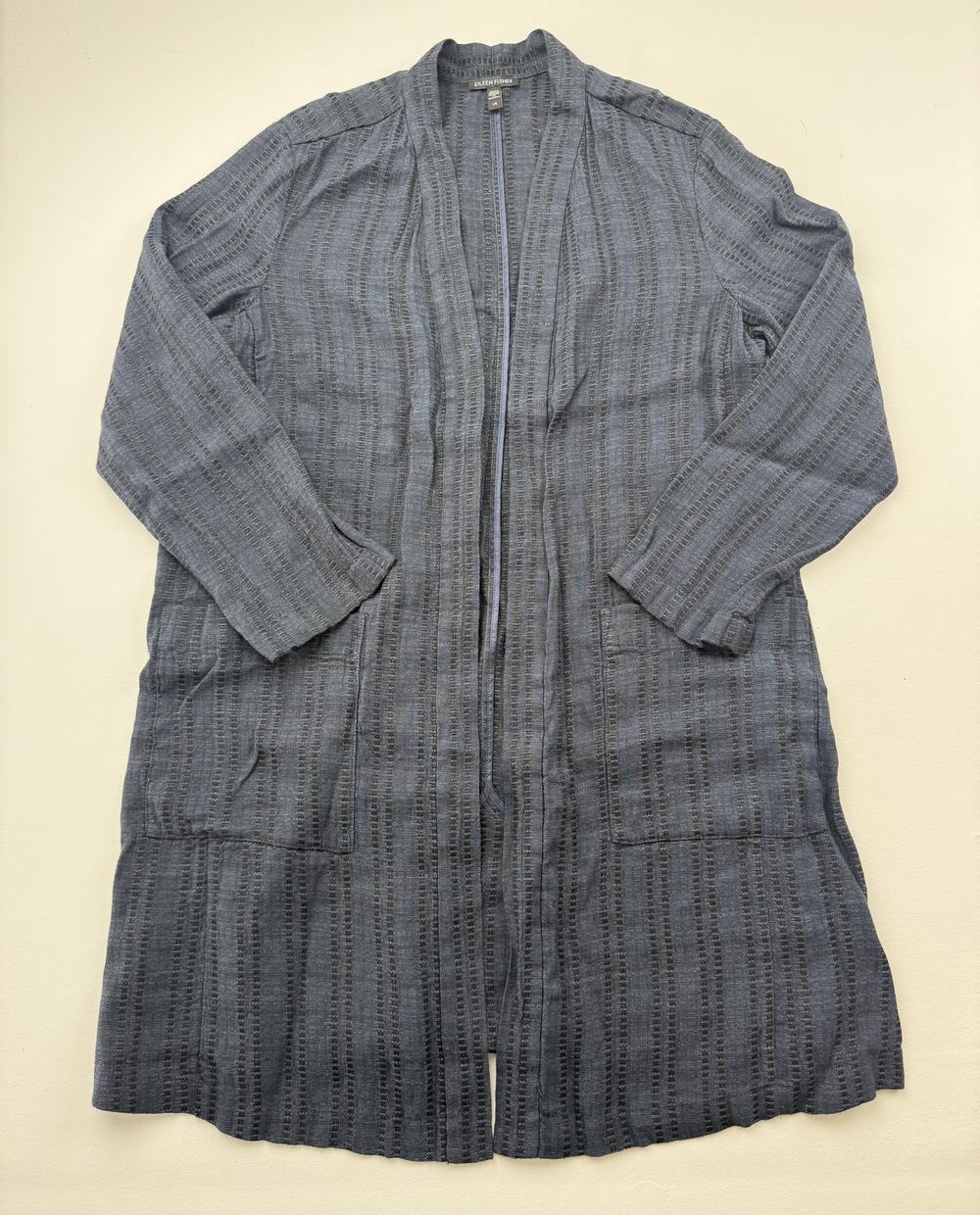 Eileen Fisher Sweater Cardigan Womens L Blue Stripe Open Front Longline Knit